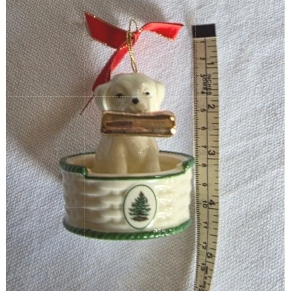 Retired Spode Christmas Tree Puppy in Basket Ornament Gold Newspaper with Box